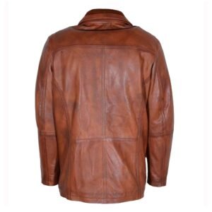 Rear view of a brown leather jacket with a sleek, minimalistic design, featuring a high stand-up collar and a central zipper closure, with two side pockets