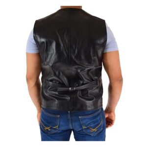 Back view of Men's Real Leather Gilet Vest Waistcoat SAM Black