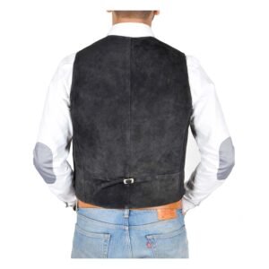 Back view of a model wearing a Men's Suede Button Fastening Waistcoat Don Black with tan leather belt and blue jeans and white shirt under the vest