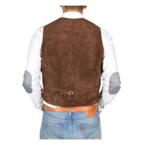 Back view of a model wearing a Men's Suede Button Fastening Waistcoat Don Brown with tan leather belt and blue jeans and white shirt under the vest