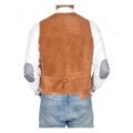 Back view of a model wearing a Men's Suede Button Fastening Waistcoat Don Tan with tan leather belt and blue jeans and white shirt under the vest