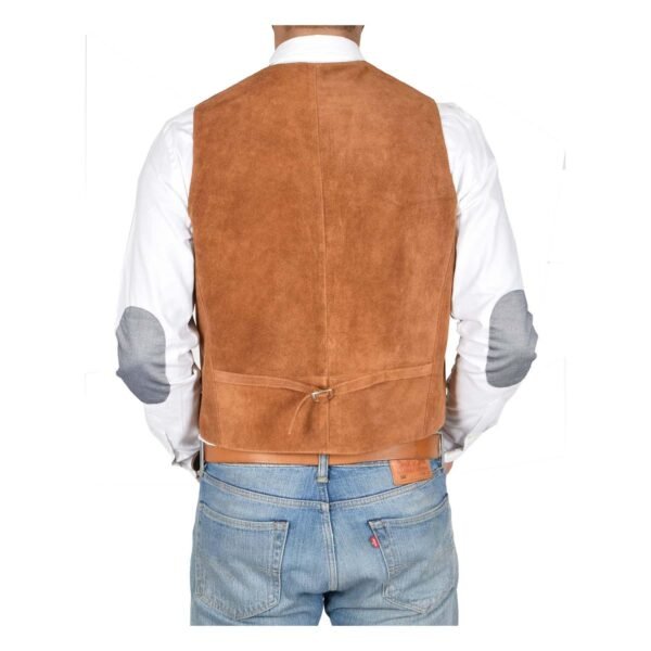 Back view of a model wearing a Men's Suede Button Fastening Waistcoat Don Tan with tan leather belt and blue jeans and white shirt under the vest