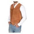 Angled view of a model wearing a Men's Suede Button Fastening Waistcoat Don Tan with tan leather belt and blue jeans and white shirt under the vest