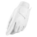 Angled rear view of White leather glove with a smooth palm and black accents along the inner side of the fingers, featuring reinforced stitching and an elasticated wrist for a secure fit