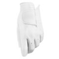 Rear view of White leather glove with a smooth palm and black accents along the inner side of the fingers, featuring reinforced stitching and an elasticated wrist for a secure fit