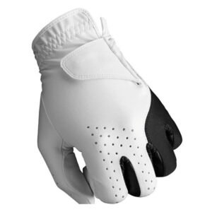 White leather glove with black accents on the fingertips, featuring small perforations for breathability and an adjustable wrist strap