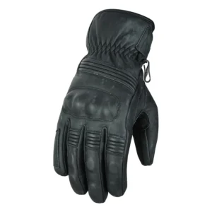 Black leather motorcycle gloves with protective knuckle padding, reinforced panels, and detailed stitching, designed for durability and style with elastic wrist support for a snug fit