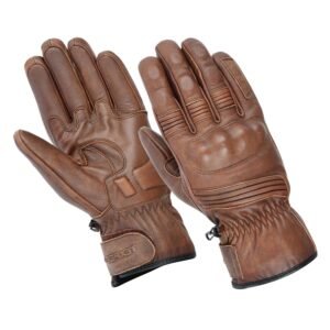 A pair of Brown leather motorcycle gloves with protective knuckle padding, reinforced panels, and detailed stitching, designed for durability and style with elastic wrist support for a snug fit