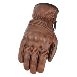 Brown leather motorcycle glove with protective knuckle padding, reinforced panels, and detailed stitching, designed for durability and style with elastic wrist support for a snug fit