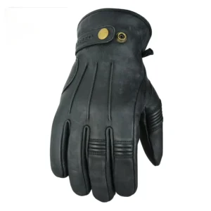 Black leather motorcycle gloves with a classic design, featuring ribbed knuckle detailing and a secure snap button closure for a refined and protective look