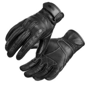 Black leather motorcycle gloves with reinforced stitching, perforated details for breathability, and an adjustable strap at the wrist for a secure and comfortable fit