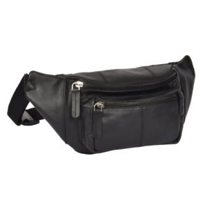 Black leather fanny pack with multiple zippered compartments and an adjustable strap, designed for secure and convenient hands-free carrying