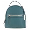 Green textured leather mini backpack with a top handle, front zip pocket, and sleek silver hardware accents