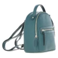 Green textured leather mini backpack with a top handle, front zip pocket, and sleek silver hardware accents side view with white background