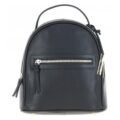 Black textured leather mini backpack with a top handle, front zip pocket, and sleek silver hardware accents