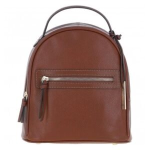 Tan textured leather mini backpack with a top handle, front zip pocket, and sleek silver hardware accents