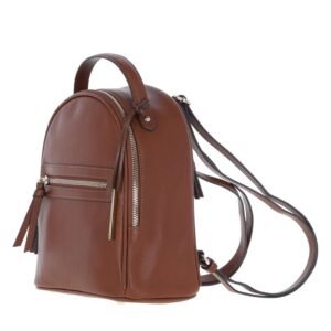 Tan textured leather mini backpack with a top handle, front zip pocket, and sleek silver hardware accents side view