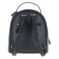 Black textured leather mini backpack with a top handle, front zip pocket, and sleek silver hardware accents rear view