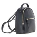 Black textured leather mini backpack with a top handle, front zip pocket, and sleek silver hardware accents side view with white background