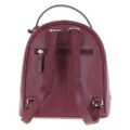 Burgundy textured leather mini backpack with a top handle, front zip pocket, and sleek silver hardware accents rear view