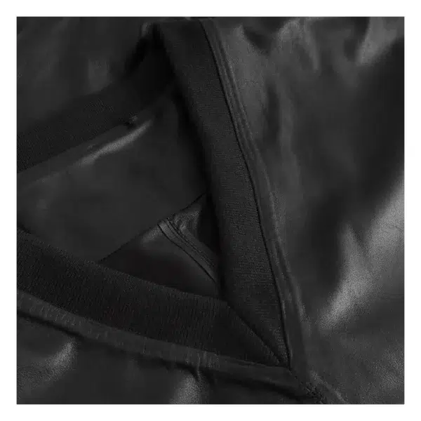 Close-up view of neck of Sporty Kendra Long-Sleeved Women’s Leather Top Nero Black