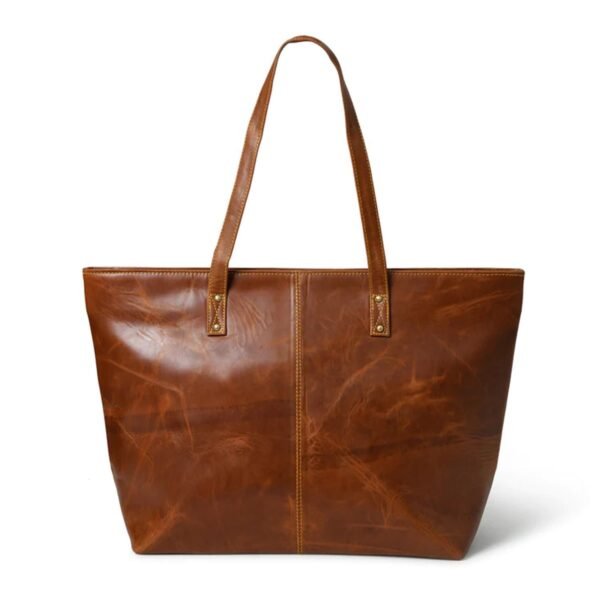 Brown leather tote bag with sturdy handles and a smooth, polished finish, featuring visible stitching and a simple, elegant design