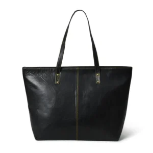 Black leather tote bag with yellow stitching and long handles