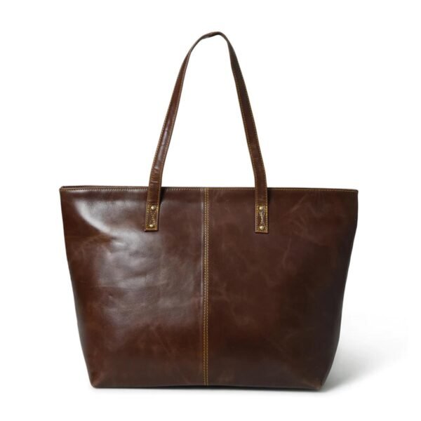 Dark Brown leather tote bag with sturdy handles and a smooth, polished finish, featuring visible stitching and a simple, elegant design front view