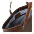 Dark Brown leather tote bag with sturdy handles and a smooth, polished finish, featuring visible stitching and a simple, elegant design close up