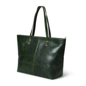 Green leather tote bag with sturdy handles and a smooth, polished finish, featuring visible stitching and a simple, elegant design