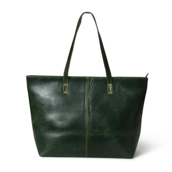 Green leather tote bag with sturdy handles and a smooth, polished finish, featuring visible stitching and a simple, elegant design front view