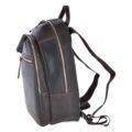 Dark brown leather backpack with a front zip pocket, sturdy leather pull tabs, and contrast stitching, featuring a classic and durable design side view