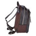 Dark brown leather backpack with a front zip pocket, sturdy leather pull tabs, and contrast stitching, featuring a classic and durable design side view w2ith white background