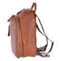 Tan leather backpack with a front zip pocket, sturdy leather pull tabs, and contrast stitching, featuring a classic and durable design side view