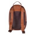 Tan leather backpack with a front zip pocket, sturdy leather pull tabs, and contrast stitching, featuring a classic and durable design rear view