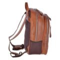 Tan leather backpack with a front zip pocket, sturdy leather pull tabs, and contrast stitching, featuring a classic and durable design side view with white background