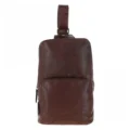 Brown leather sling backpack with a single adjustable strap, compact design, and multiple zippered compartments for easy organization