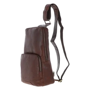 Brown leather sling backpack with a single adjustable strap, compact design, and multiple zippered compartments for easy organization side view