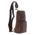 Brown leather sling backpack with a single adjustable strap, compact design, and multiple zippered compartments for easy organization side view with white background