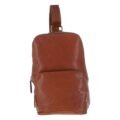 Tan leather sling backpack with a single adjustable strap, compact design, and multiple zippered compartments for easy organization