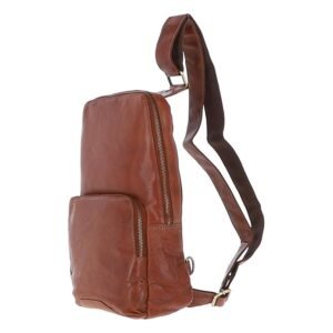 Tan leather sling backpack with a single adjustable strap, compact design, and multiple zippered compartments for easy organization side view