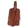 Tan leather sling backpack with a single adjustable strap, compact design, and multiple zippered compartments for easy organization rear view