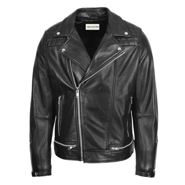 Men's Leather Biker Brando Design Jacket Sean Black front view with zip opened a bit