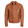 Men's Biker Leather Jacket Dual Zip Hook Tan front view with zip closed all the way up