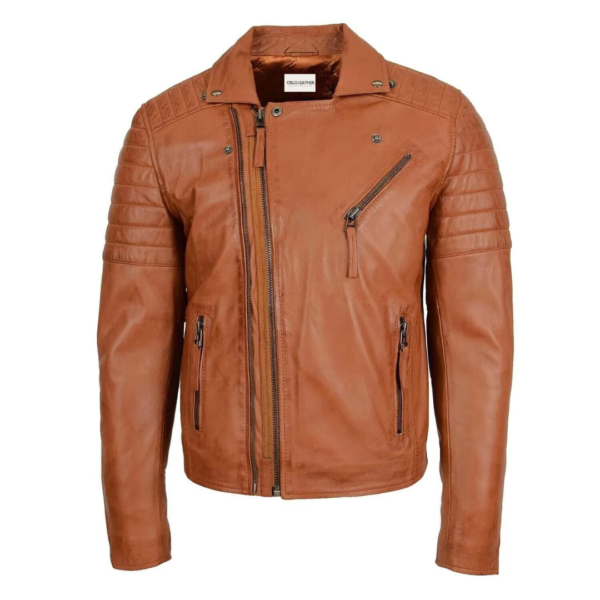 Men's Biker Leather Jacket Dual Zip Hook Tan front view with zip closed all the way up