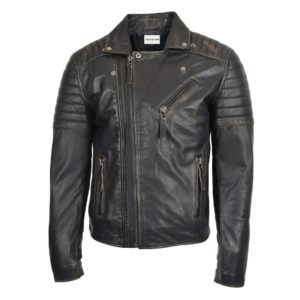 Men's Biker Leather Jacket Dual Zip Hook Rub Off front view