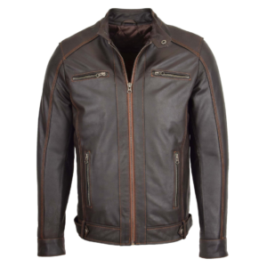 Men's Classic Leather Biker Style Zip Jacket Ethan Brown front view