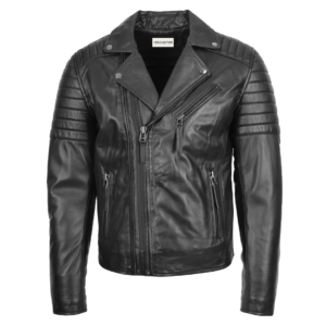 Men's Dual Cross Zip Leather Biker Jacket Black front view with zip open a bit