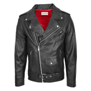 Men's Leather Biker Jacket Brando Style Johnny Black front view with zip opened a bit