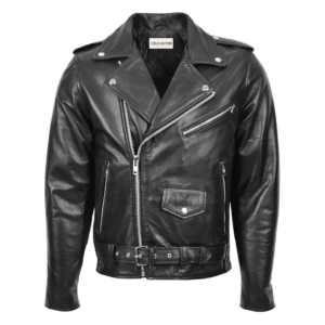 Men's Heavy Duty Leather Biker Brando Jacket Kyle Black front view with zip opened a bit